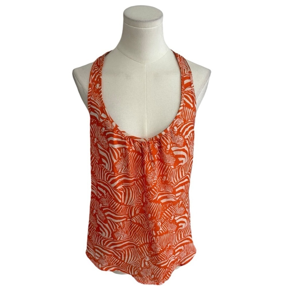 Trina Turk 100% Silk Tank Top Orange White Tropical Zebra Size M Beach Resort